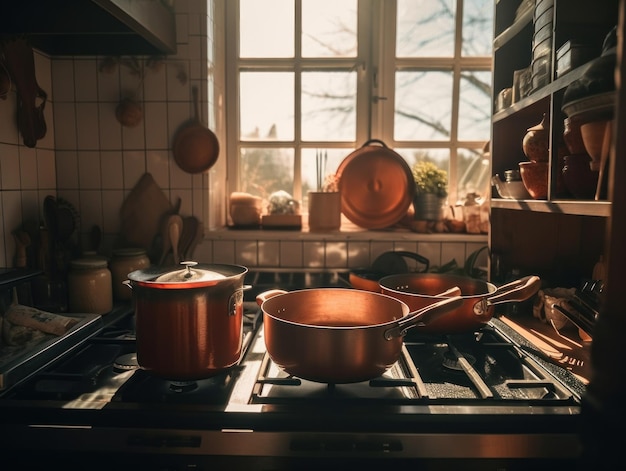 Плита с кастрюлями и сковородками на ней.