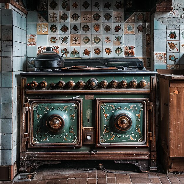 a stove with a green and white tile wall and a blue tile background