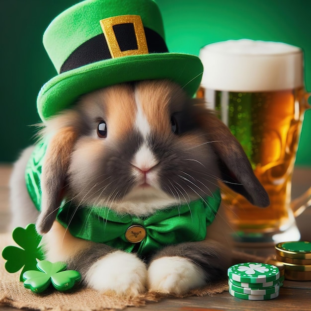 StPatrick's Day vier Patricks Day St Patricks Day feest Groene herenhoed of hoge hoed Groene hoed met klaver Saint Patrick heeft plezier Ierland is traditioneel Konijn met hoed