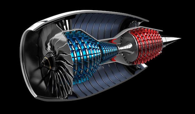 Straalmotor binnen op zwarte achtergrond 3D illustratie