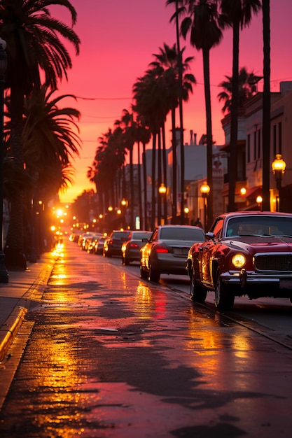 straat in een roze licht zonsondergang Cinematic Photoshoot AI generatief