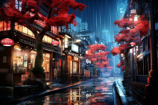 Straat in Tokyo City op een regenachtige nacht omringd door winkels