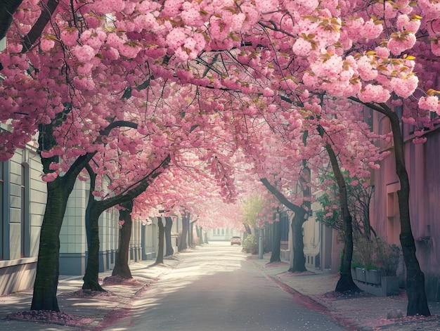 Straat met bloeiende roze kersenbomen