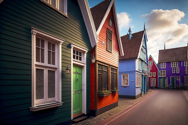 Straat met veelkleurig Nederlands houten uiterst klein huis