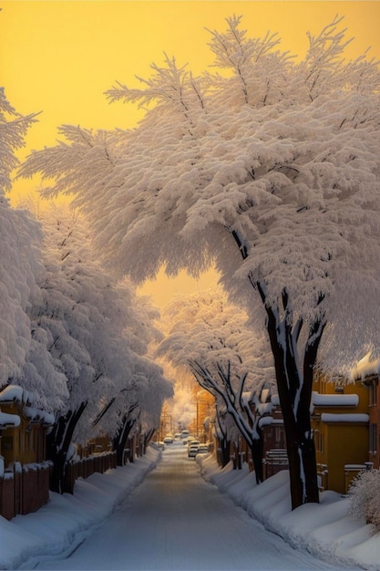 Straat omzoomd met bomen bedekt met sneeuw generatieve ai