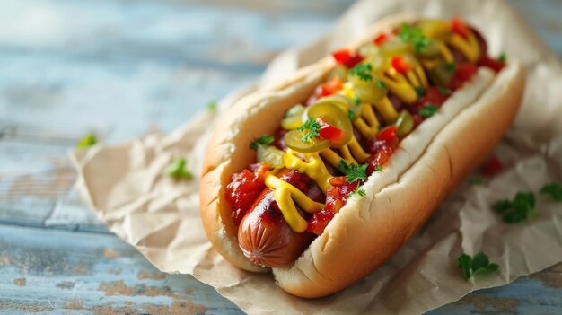 straat stijl hotdog met mosterd en smaak op een tafel