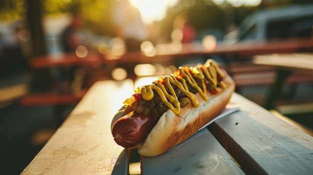 straat stijl hotdog met mosterd en smaak op een tafel