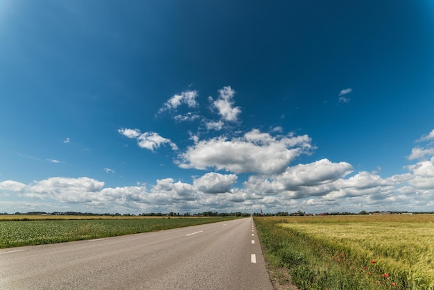 Foto straat te midden van een grasveld tegen de lucht.