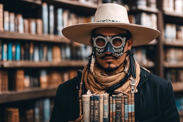 Straatboekenverkoper in een masker verkoopt oude boeken op een straatmarkt