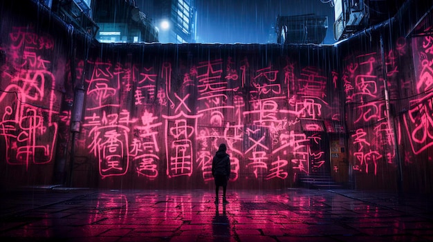 Straatfoto magenta kanji graffiti onder blacklight in cyberpunk tokyo stad Generatieve AI