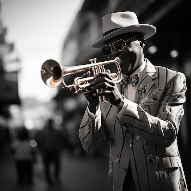 Straatfoto van een jazztrompetspeler in de straten van Havana