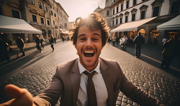 straatfotografie van een knappe man in een vrolijke stemming