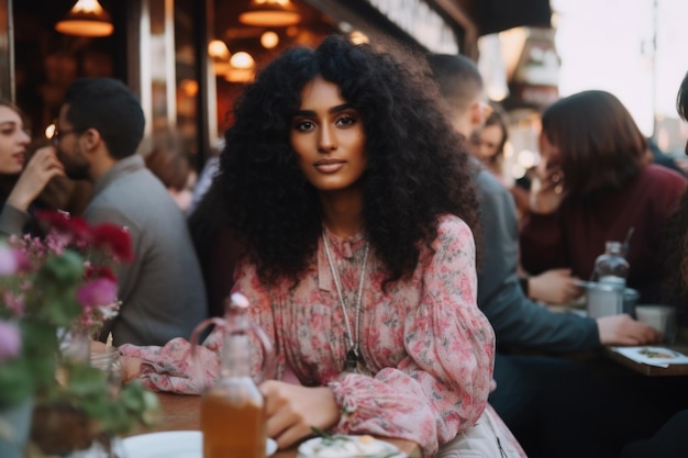 Straatkant ontspanning Zit aan een tafel langs een drukke straat een vrouw vindt rust in een openlucht café onderdompelen zich in de stedelijke energie met een tevreden glimlach