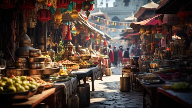 Straatmarkt met kleurrijke kraampjes en schaduwrijke steegjes