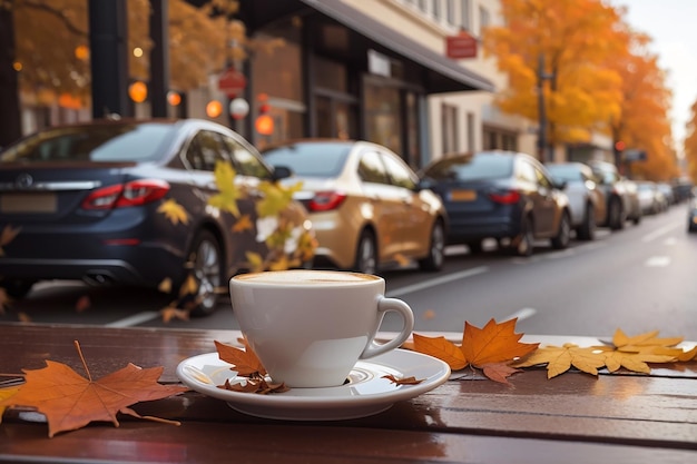 Straatmening van een cafétafel met koffie en herfstbladeren