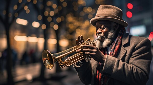 Straatmuzikant trompetist soulvolle stedelijke melodieën zaak open voor donaties