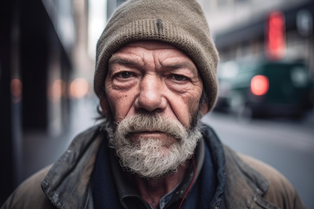 Straatportret van een dakloze man in de stad gemaakt met generatieve ai