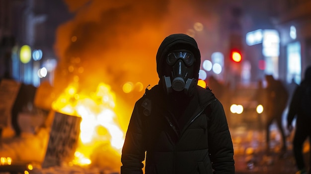 Straatprotestnacht met demonstranten gasmaskers vlammen chaos stedelijke omgeving burgerlijke onrust