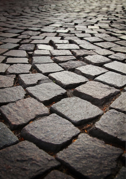 Straatstenen, aangelegd op de bestratingsringen, close-up