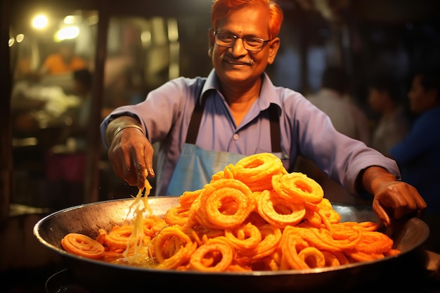 Straatverkoper serveert vers gemaakte jalebi