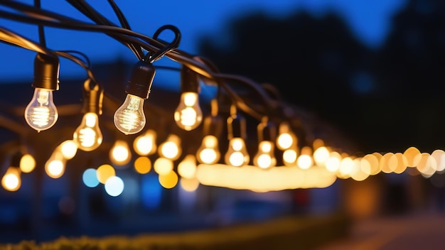 Straatverlichting krans buiten het park verlichting bokeh lampen elektriciteit schitterende blauwe hemel