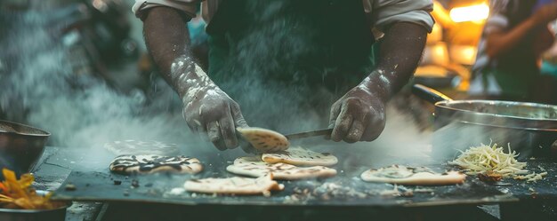 Straatvoedselverkoper die roti maakt vaardigheid en snelheid