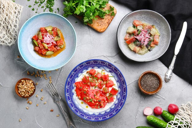 Stracciatella salad with tomatoes and watermelon