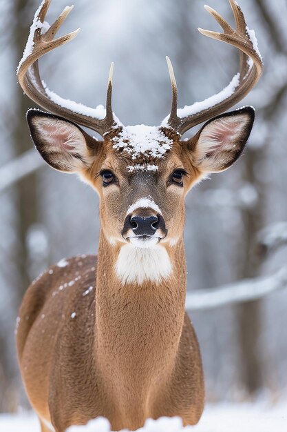 Straight on close up of a whitetailed deer standing in the snow