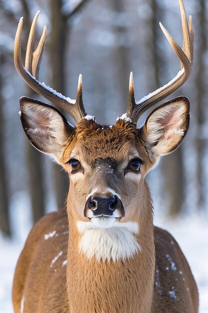 Photo straight on close up of a whitetailed deer standing in the snow