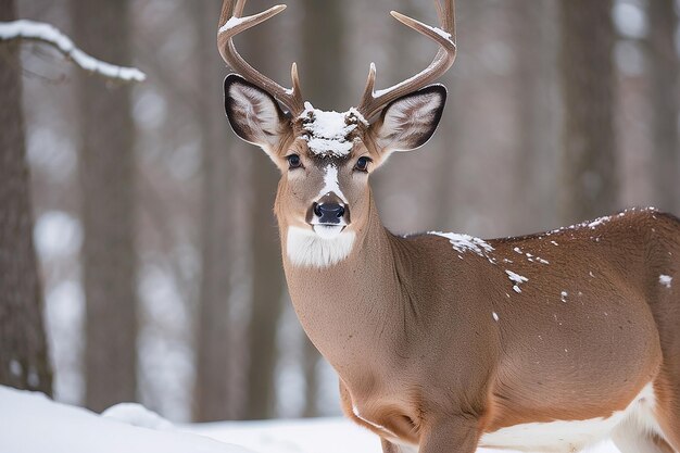 Photo straight on close up of a whitetailed deer standing in the snow