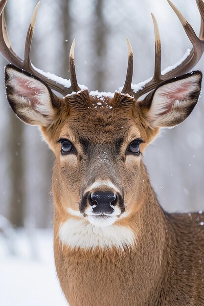 Straight on close up of a whitetailed deer standing in the snow