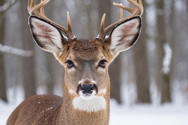 Straight on close up of a whitetailed deer standing in the snow