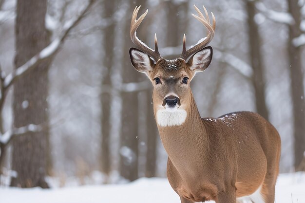 Straight on close up of a whitetailed deer standing in the snow