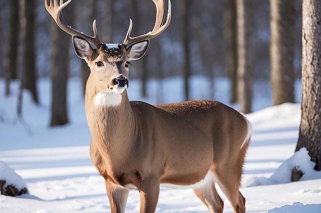 Straight on close up of a whitetailed deer standing in the snow