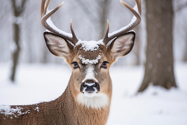 Straight on close up of a whitetailed deer standing in the snow