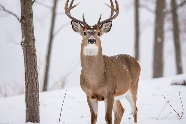雪の中に立っている白尾の鹿のクローズアップ