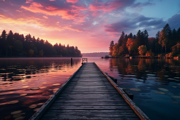 平らでシンプルな長方形の湖美しい日の出霧の静かな水色彩の空のある湖自然のリラックスウォールペーパージェネレーティブAI