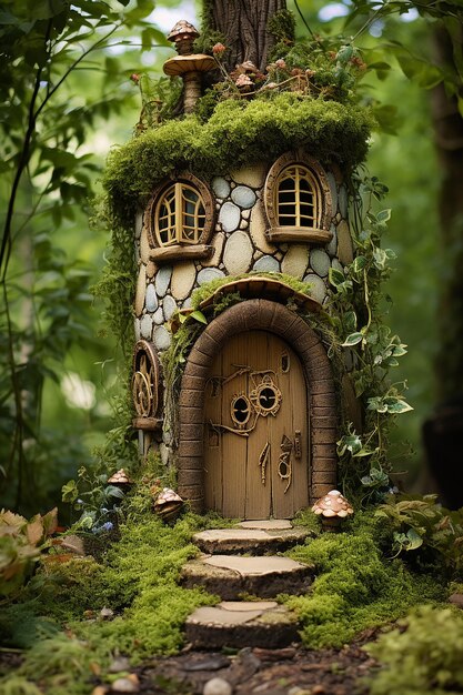 Straight on front view of a fairy house