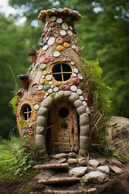 Photo straight on front view of a fairy house