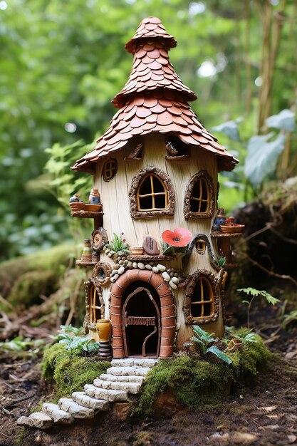 Photo straight on front view of a fairy house