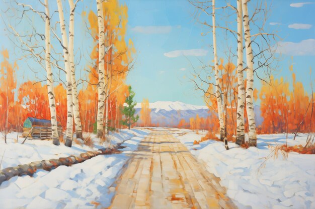 Photo straight gravel road snow on birch trees