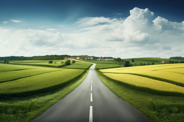 Straight Path in Nature A direct road stretches across lush green fields under the bright sky with small clouds on a sunny day