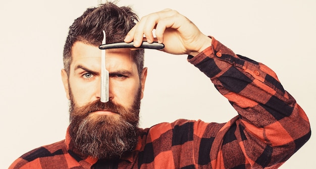 Straight razor, barbershop, beard. Vintage straight razor Barbershop service concept