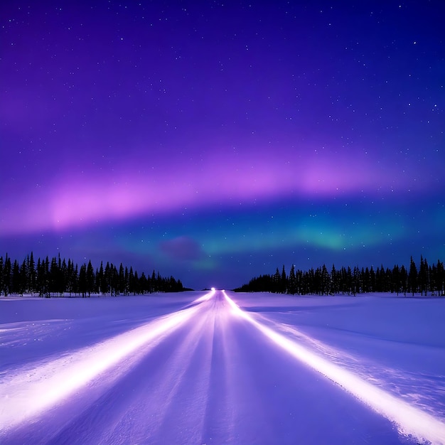 Straight road in snow at aurora northern lights