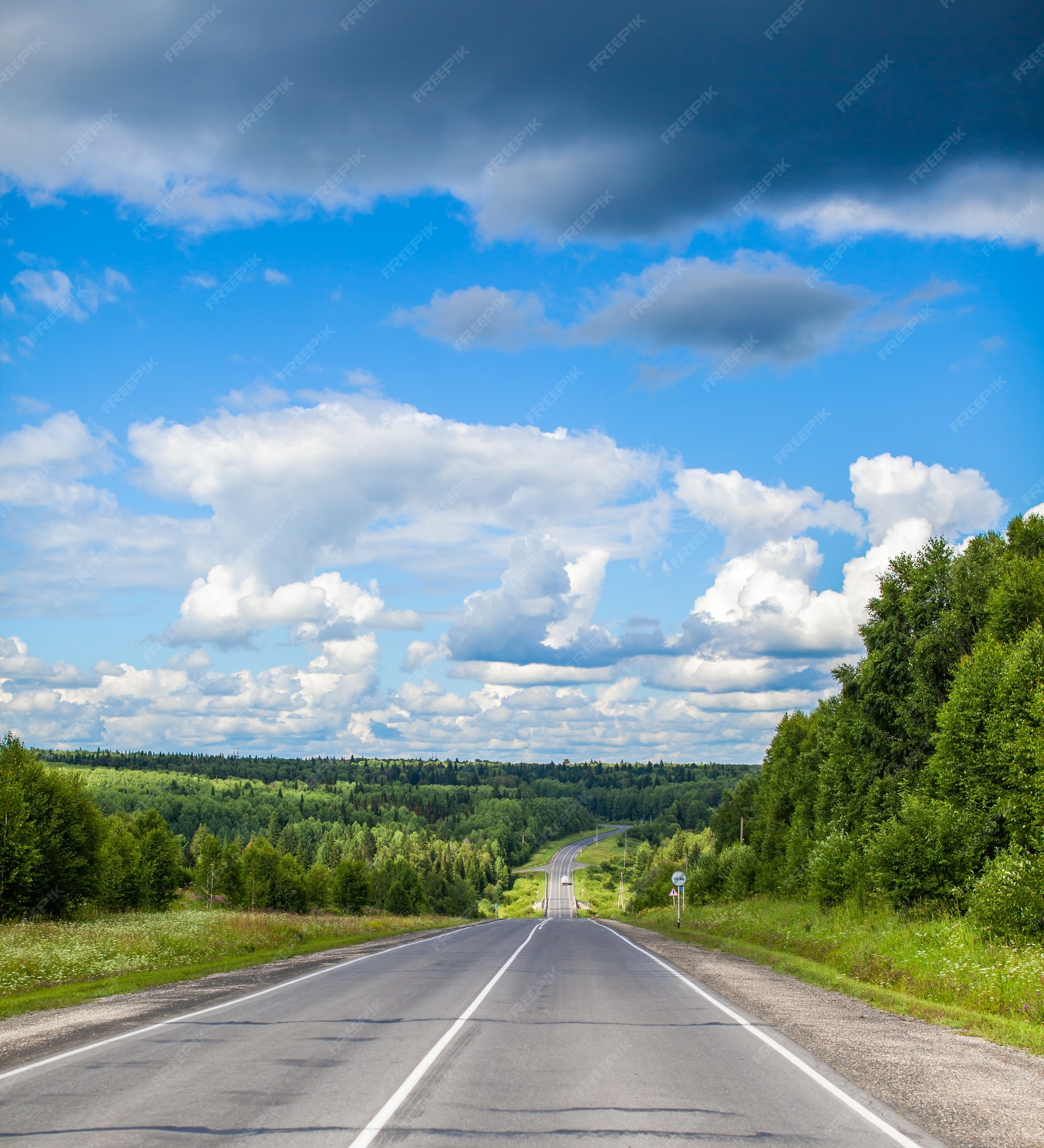 Premium Photo | Straight road with a marking on the nature background. open  road in future, no cars, auto on asphalt road through green forest, trees.  clouds on blue sky in summer,