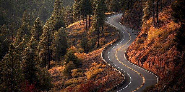 写真 色の森の真ん中にまっすぐな単一の道路