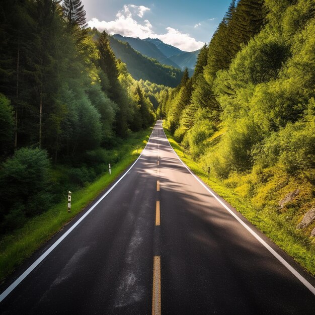 Straight single road in the middle of colored forest