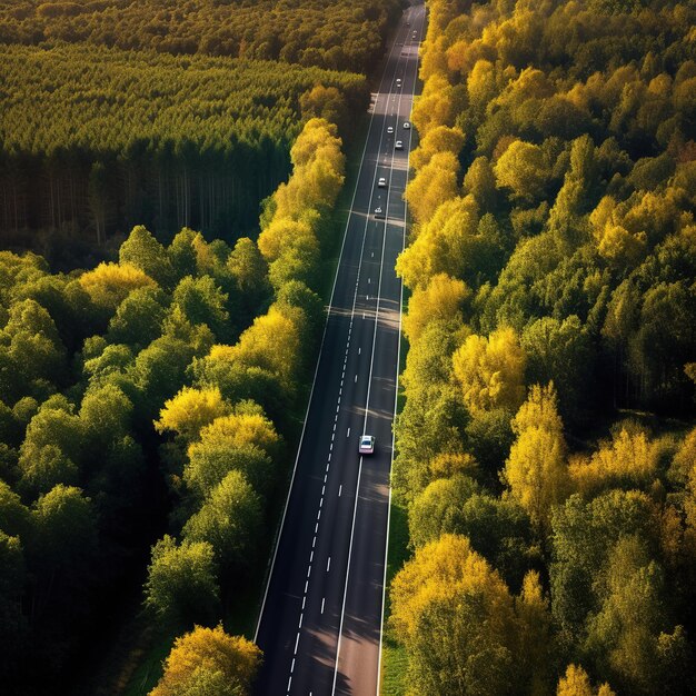 Straight single road in the middle of colored forest