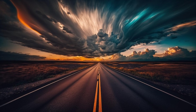 Straight washedout asphalt road going into the distance against the background of the sunset