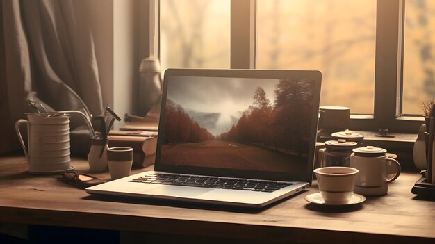 Strakke kantoorinrichting met laptop en helder scherm